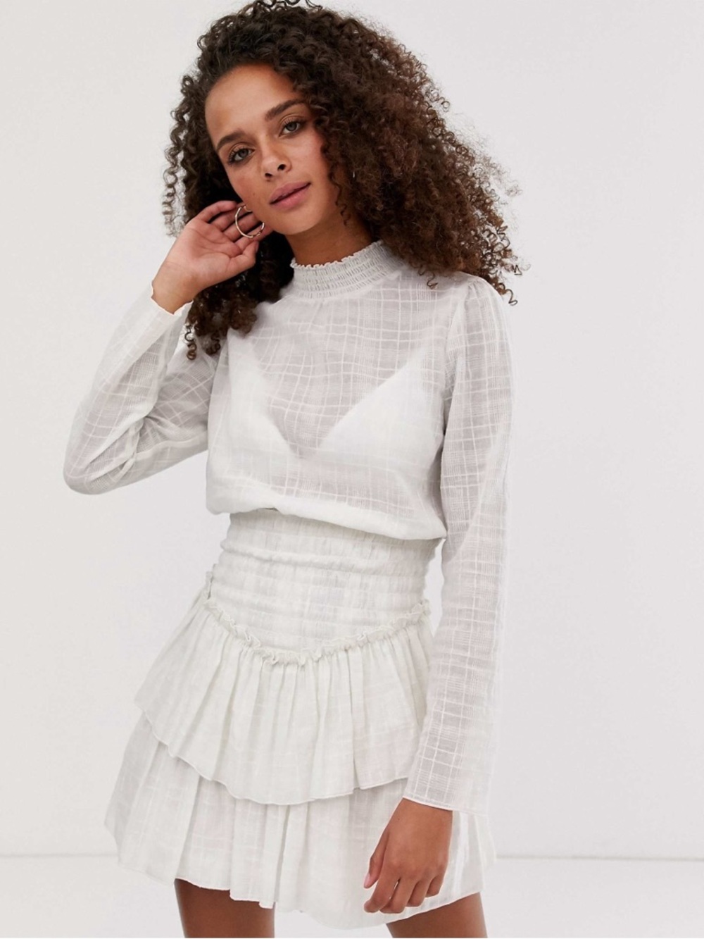 ASOS white high neck shirred waist mini dress ruffle long sleeve mock neck